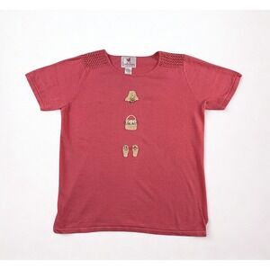 Quacker Factory Womens S Pink Knit Top Beaded‎ Beach Seashell Flip Flop Summer